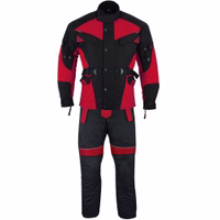 Motorcycle 2-piece Combi-Set. Complete with several protectors. Reflective piping enhances visibility. Adjustable cuffs, waist belt,& elbow press studs. Zipper& snap button closures for convenience. Breathable fabric with stretchy thighs for comfort