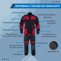 Cordura Motorrad 2-teiliger Kombi-Set Entdecken Sie überlegenen Schutz mit dem roten 2-teiligen Motorrad-Kombiset. Wind- und wasserabweisendes Material, Frontreißverschluss mit Druckknopf, dehnbare Taille, Reißverschlüsse und Klett für Stiefel, Oberschenkeltaschen mit Klettverschluss.