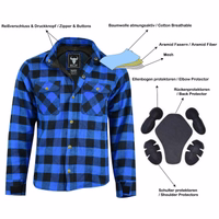 Stylish & Safe with The BULLDT Motorcycle Shirt in lumberjack look offers protection with Aramid fibers and removable protectors. Available in multiple colors, wind protection, kevlar lining in the impact area, sleeves/sides &back. Next-day delivery