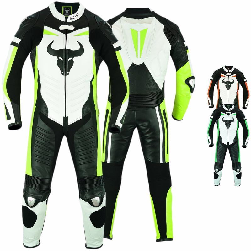 One piece motorcycle suit leather suit fluorescent cowhide leather Stand out on the road with best prices Orange men's BULLDT's fluorescent cowhide leather motorcycle suit,the front and rear views designed for high visibility and safety.