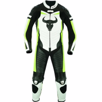 Einteiliger Motorradanzug aus fluoreszierendem Rindsleder Vorderansicht – Gelber German Wear Einteiler-Motorradanzug aus hochwertigem Premium-Leder. Bietet unvergleichlichen Schutz und ist mit abnehmbaren Knieslidern ausgestattet.