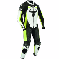 Einteiliger Motorradanzug aus fluoreszierendem Rindsleder Seitenansicht – Gelber Einteiler-Motorrad-Lederanzug. Atmungsaktiv und zugleich winddicht, mit aerodynamischem Rückenbuckel zum Nackenschutz und Metallverstärkungen an den Schultern. Kostenfreie Lieferung am nächsten Werktag.