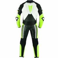 Einteiliger Motorradanzug aus fluoreszierendem Rindsleder Rückansicht – Gelber BULLDT Einteiler-Motorrad-Lederanzug zum reduzierten Preis. Die Hosenbeine lassen sich bequem für Motorradstiefel öffnen und garantieren Komfort sowie Praktikabilität bei jeder Fahrt.