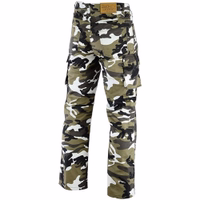 Discover the durability style of motorcycle pants, available in black, camo,& green/camo options. Engineered with 280g/m2 abrasion-resistant material for maximum protection. Closed at the front with a zipper and button on the waistband. buy today