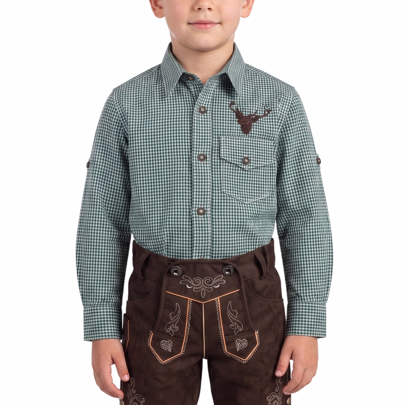 Kids traditional shirt traditional leather pants with stag embroidery checkered