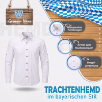 Infographic of a white traditional shirt featuring the German Wear logo on a wooden sign, blue lettering reading “TRACHTENHEMD” in the Bavarian style, and three detail circles showing a classic Kent collar, roll-up sleeves, and a button closure.