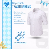 Product infographic featuring a white traditional shirt with the “German Wear” brand logo, the words “Bavarian TRACHTENHEMD,” two bullet points highlighting its features, and a durability icon on a blue-and-white background.