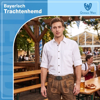 Promotional banner featuring a traditional shirt with a model standing in a folk festival beer garden, along with a company logo and a blue text box in the upper left corner.