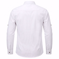 Rear view of a men's traditional shirt, cropped and shown on a white background in white.