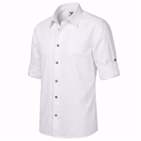 A three-quarter view from the side of a white traditional shirt, cropped at the waist, with rolled-up sleeves and vertical pleats, against a neutral white studio background.