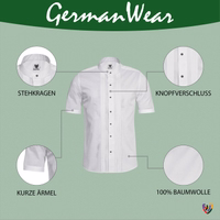 Men Cotton shirt white Men's traditional white shirt featuring a stand-up collar and short sleeves. Made from 100% breathable cotton, it has decorative tucks for added style and a front button closure for easy wear.