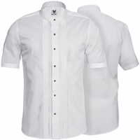 Men Cotton shirt white Front & Rear view of White short-sleeved shirt with a stand-up collar, featuring front pleats and contrasting black buttons, perfect for traditional Trachten wear and versatile for casual and formal settings.