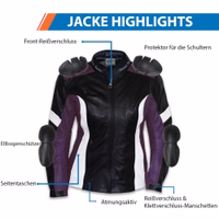 Women's purple motorcycle jacket in its Front view, having zipper &Velcro closures. Equipped with shoulder, arm, elbow, and back protectors. Breathable design with 2 front pockets and 1 inside pocket.