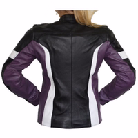 Rear view of the women's purple motorcycle combo jacket, showcasing built-in protectors at the arms, shoulders, elbows, and back. Zippered sleeves allow for easy glove integration.