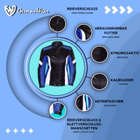 Front view of the women's blue motorcycle jacket, meticulously crafted from leather fabric with a polyester inner lining. Equipped with protectors and cuffs featuring zipper closures. Resistant to slipping accidents.