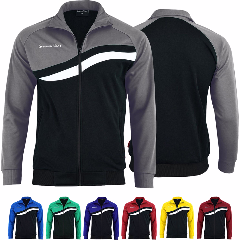Men’s Sport Training Jacket Front and Back view of Men’s Sport Training Gray Jacket showing breathable polyester fabric with polo neck, long sleeves and elastic cuffs designed for workouts and soccer training men’s sportswear buy online