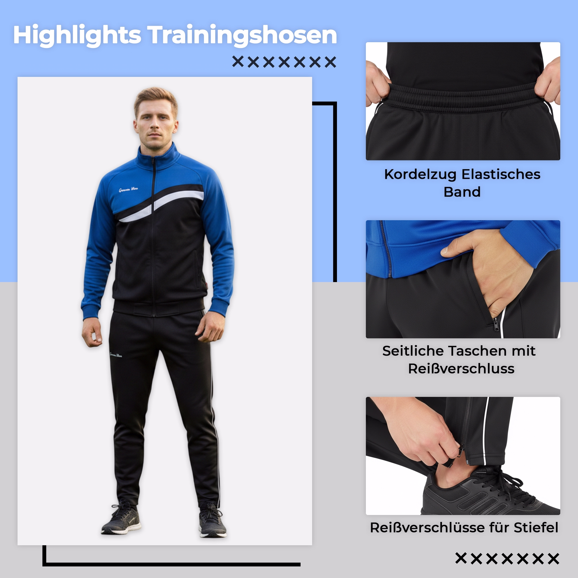 Model wearing the STRIKER tracksuit. German text: Highlights: Training pants, drawstring, side pockets, zippers for boots.