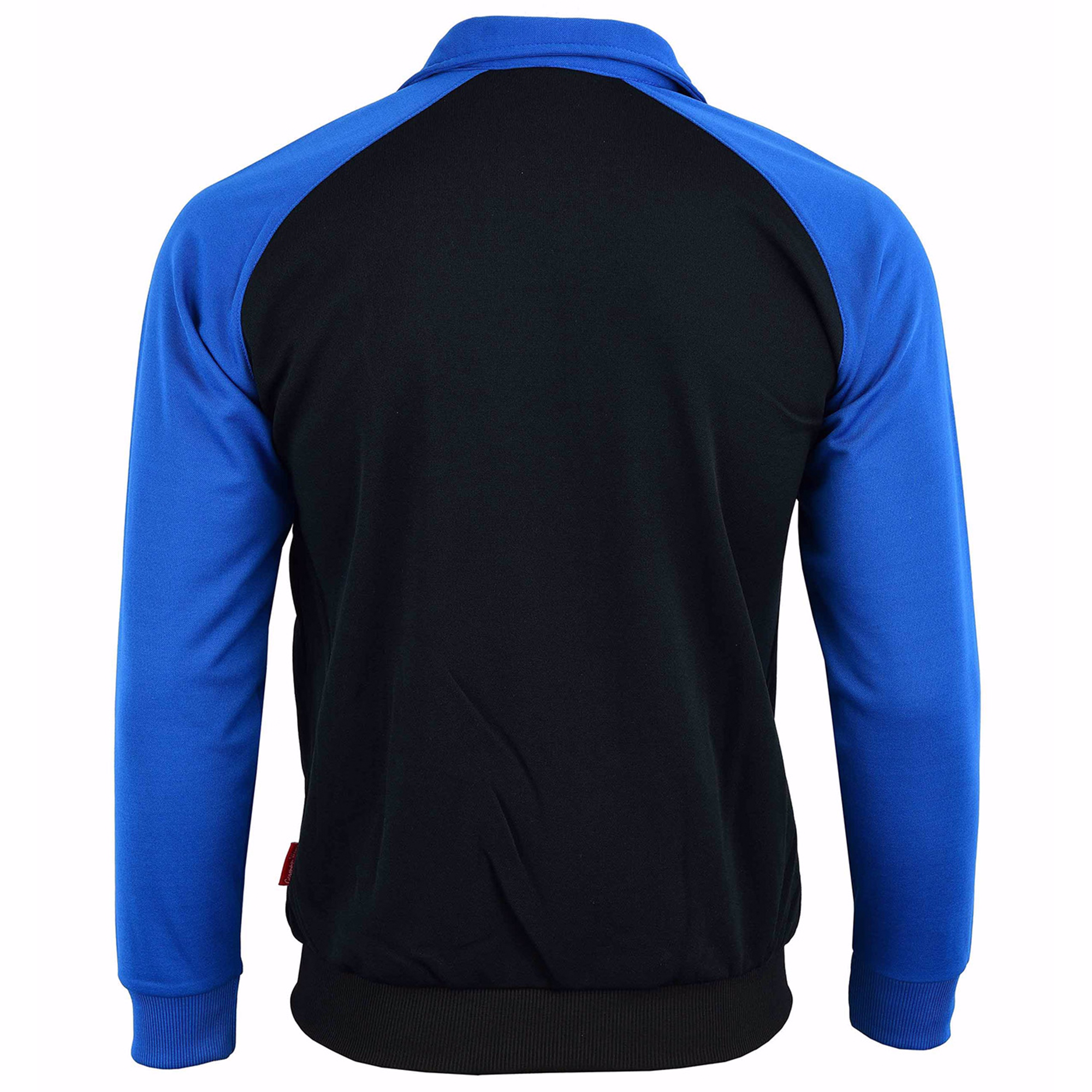 STRIKER men's zip-up training jacket in blue and black. Rear view showing the all-black body and blue raglan sleeves.