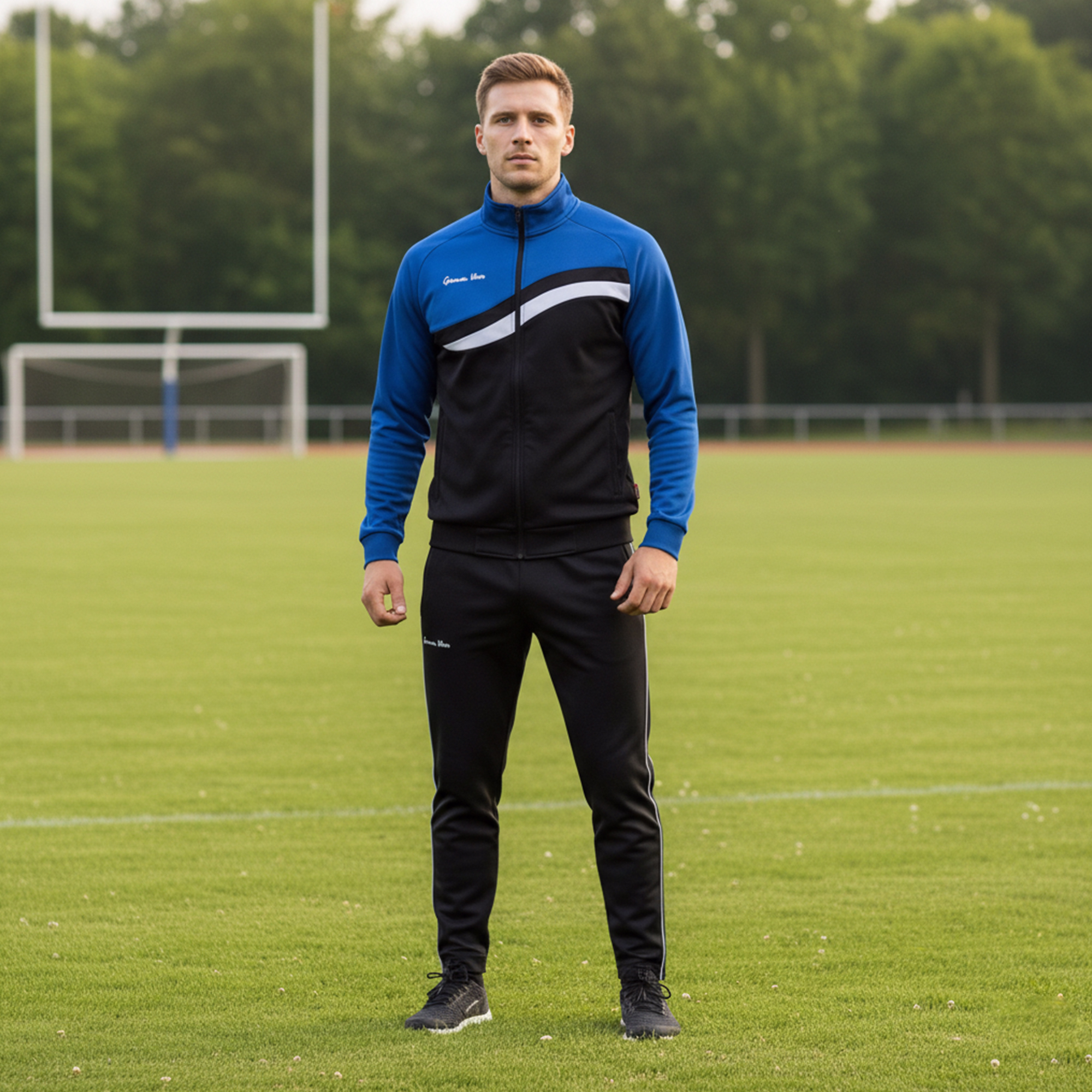 Model standing on sports field wearing STRIKER blue/black track suit with "German Wear" text. White stripe on chest and pants.