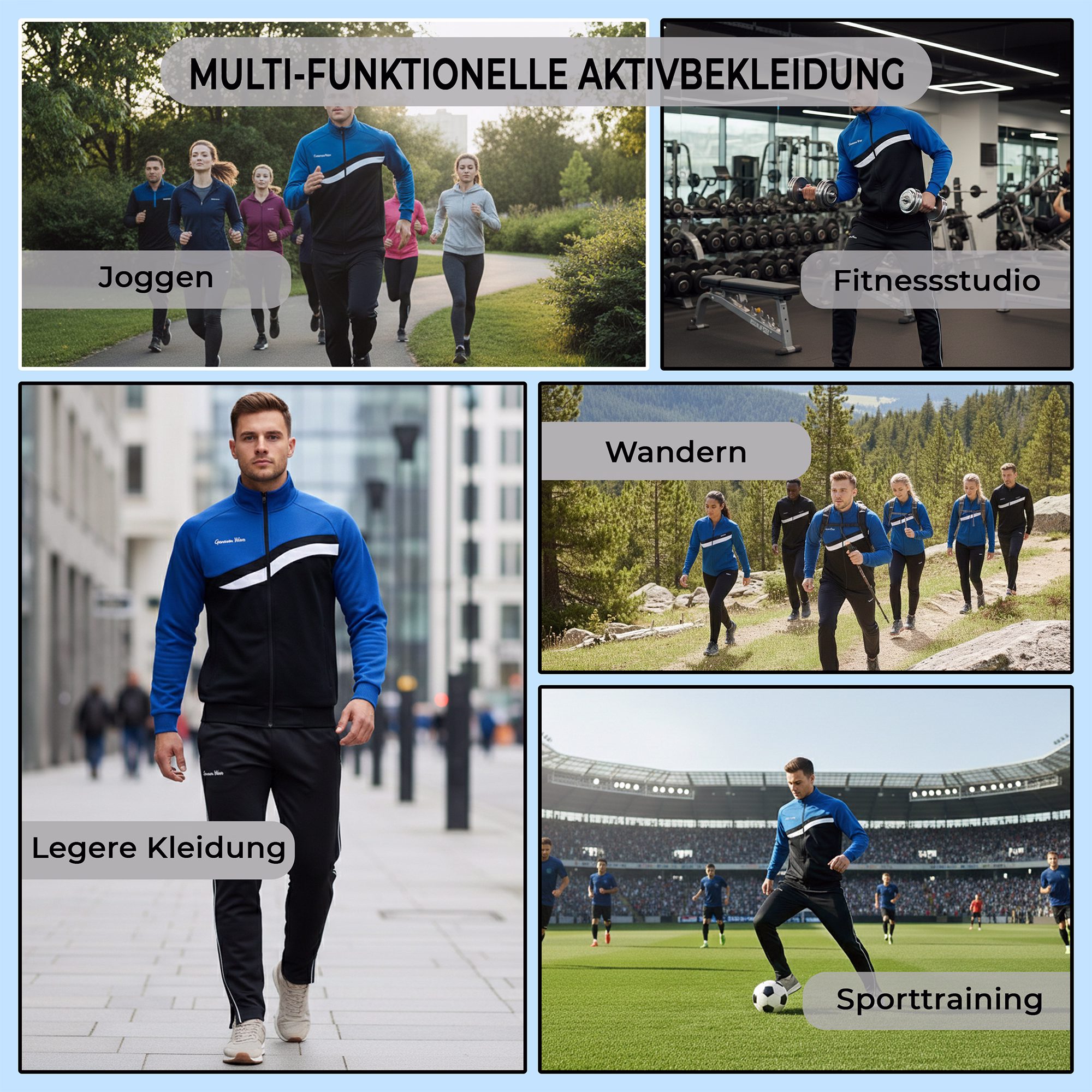 STRIKER Tracksuit Collage. German text: Multifunctional activewear, jogging, gym, casual wear, hiking.