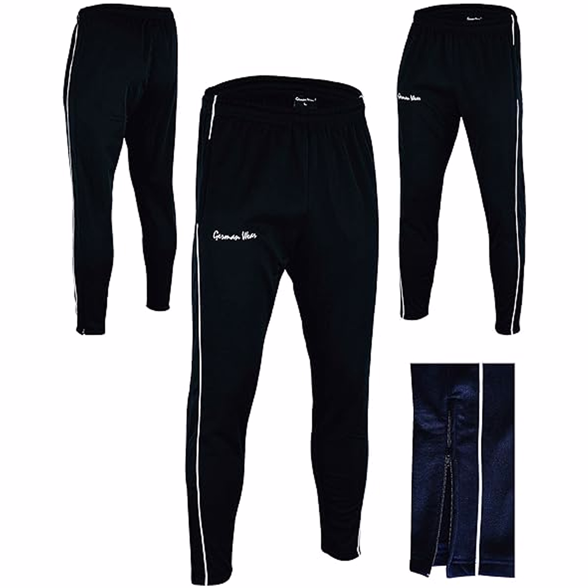 Men's training pants in black with white side stripes. Front, side, and back views featuring a zipper at the ankle and a logo.