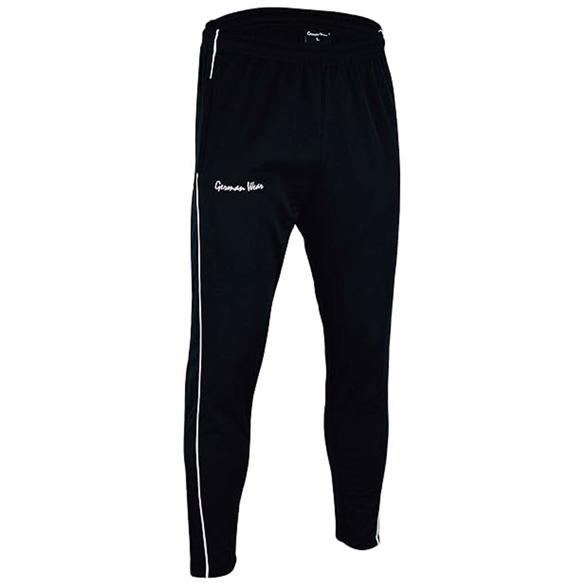 Men's sweatpants in black. Angled front view featuring a narrow white side stripe and “German Wear” lettering on the thigh.