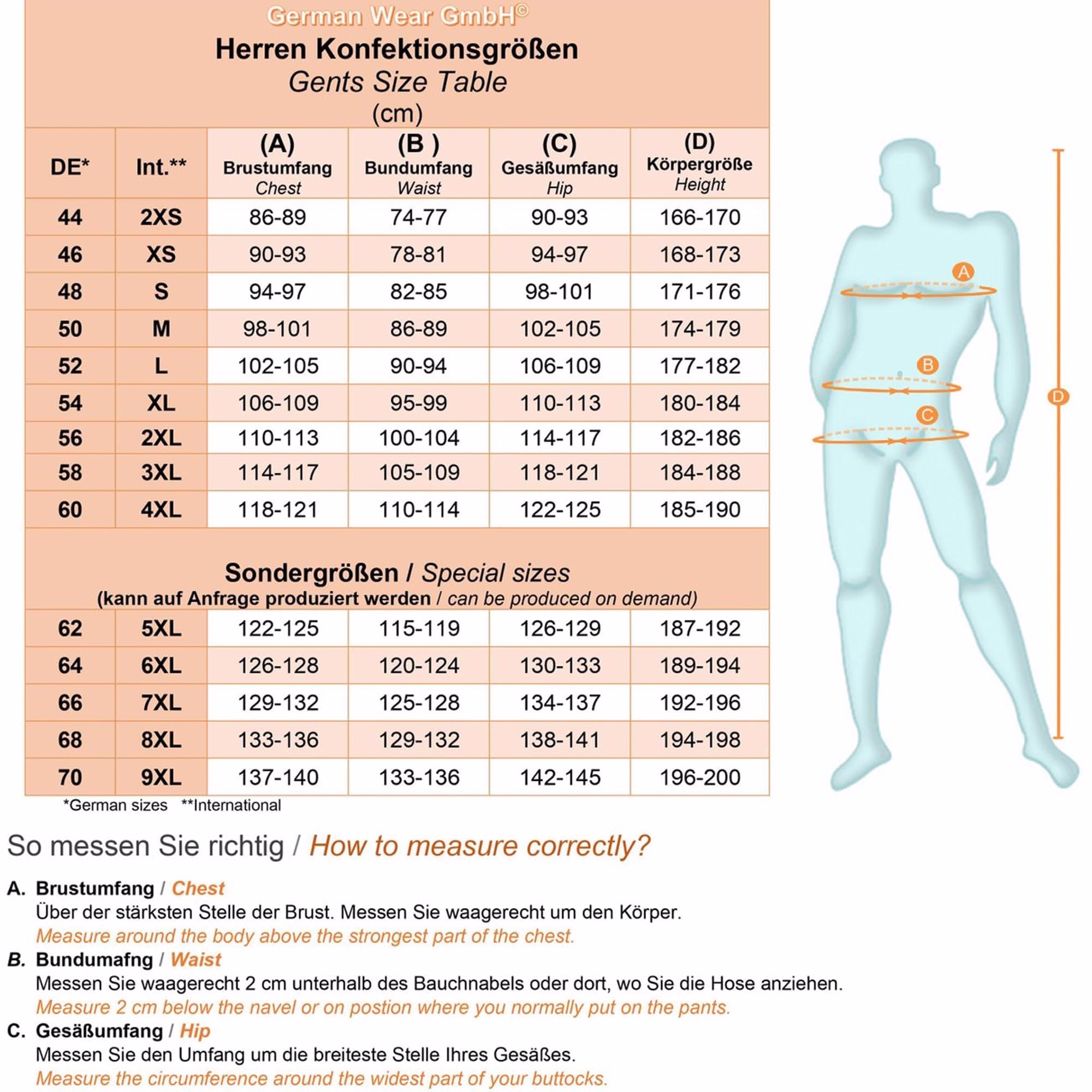 German Wear size chart for men. Includes a measurement chart for chest circumference, waist circumference, hip circumference, and height.