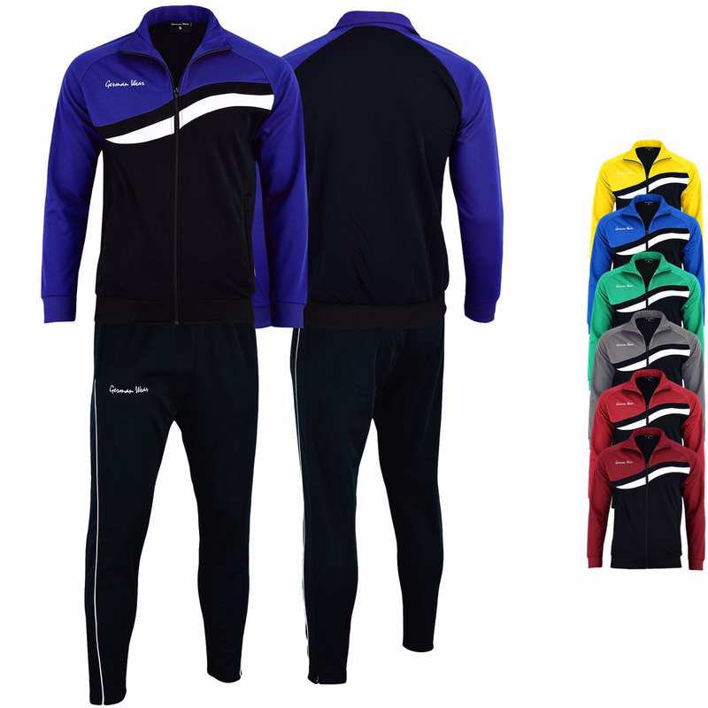 German Wear Men's Track Suit Men's track suit with green/black jacket and black pants. Front and back views. Small logos and stripes are shown. Additional color options are visible.