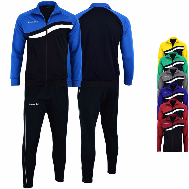 German Wear Herren-Trainingsanzug Herren-Trainingsanzug mit grün-schwarzer Jacke und schwarzer Hose. Vorder- und Rückansicht. Kleine Logos und Streifen sind sichtbar. Weitere Farbvarianten sind erhältlich.