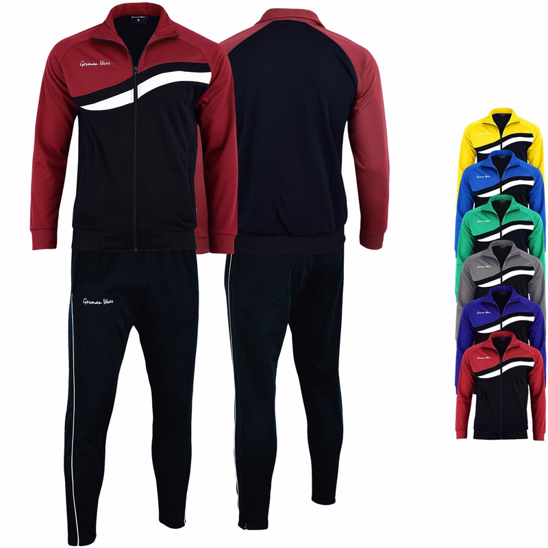 German Wear Men's Track Suit Men's track suit with green/black jacket and black pants. Front and back views. Small logos and stripes are shown. Additional color options are visible.