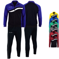 Men's track suit with purple/black jacket and black pants. Front and back views. Small logos and stripes are shown. Additional color options are visible.