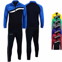 Men's track suit with blue/black jacket and black pants. Front and back views. Small logos and stripes are shown. Additional color options are visible.