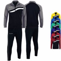 Men's track suit with gray/black jacket and black pants. Front and back views. Small logos and stripes are shown. Additional color options are visible.