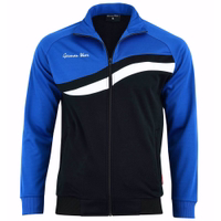 STRIKER Men's blue and black track suit zip jacket. White chest wave stripe with "German Wear" text on the front view.