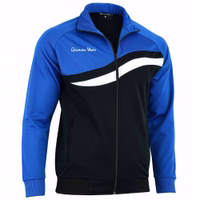 STRIKER Men's track suit zip jacket in blue and black. Angled side view showing white wave chest stripe and "German Wear" text.