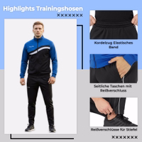 Model wearing the STRIKER tracksuit. German text: Highlights: Training pants, drawstring, side pockets, zippers for boots.