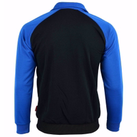 STRIKER men's zip-up training jacket in blue and black. Rear view showing the all-black body and blue raglan sleeves.