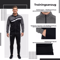 The model is wearing a STRIKER tracksuit with the following features: tracksuit, stand-up collar, side pockets, elastic waistband.