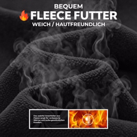 Close-up of gray fleece fabric with a steamed effect. German text: Comfortable fleece lining, soft / gentle on the skin, warmth and comfort.