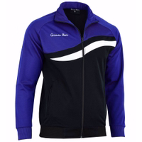 STRIKER Men's track suit zip jacket in purple and black. Angled side view showing white wave chest stripe and "German Wear" text.