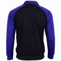 STRIKER men's zip-up training jacket in purple and black. Rear view showing the all-black body and blue raglan sleeves.