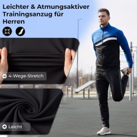 Model wearing the STRIKER tracksuit. Description: Lightweight, breathable tracksuit for men, 4-way stretch, lightweight.