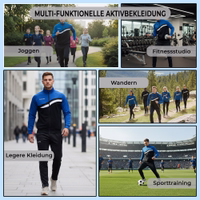 STRIKER Tracksuit Collage. German text: Multifunctional activewear, jogging, gym, casual wear, hiking.