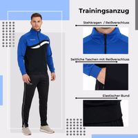 The model is wearing a STRIKER tracksuit with the following features: tracksuit, stand-up collar, side pockets, elastic waistband.