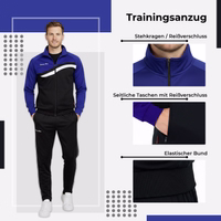 The model is wearing a STRIKER tracksuit with the following features: tracksuit, stand-up collar, side pockets, elastic waistband.