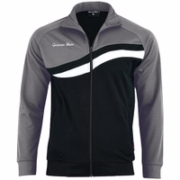 STRIKER Men's gray and black track suit zip jacket. White chest wave stripe with "German Wear" text on the front view.