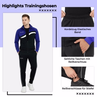 Model wearing the STRIKER tracksuit. German text: Highlights: Training pants, drawstring, side pockets, zippers for boots.