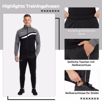 Model wearing the STRIKER tracksuit. German text: Highlights: Training pants, drawstring, side pockets, zippers for boots.