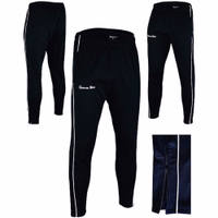 Men's training pants in black with white side stripes. Front, side, and back views featuring a zipper at the ankle and a logo.