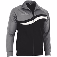 STRIKER Men's track suit zip jacket in gray and black. Angled side view showing white wave chest stripe and "German Wear" text.